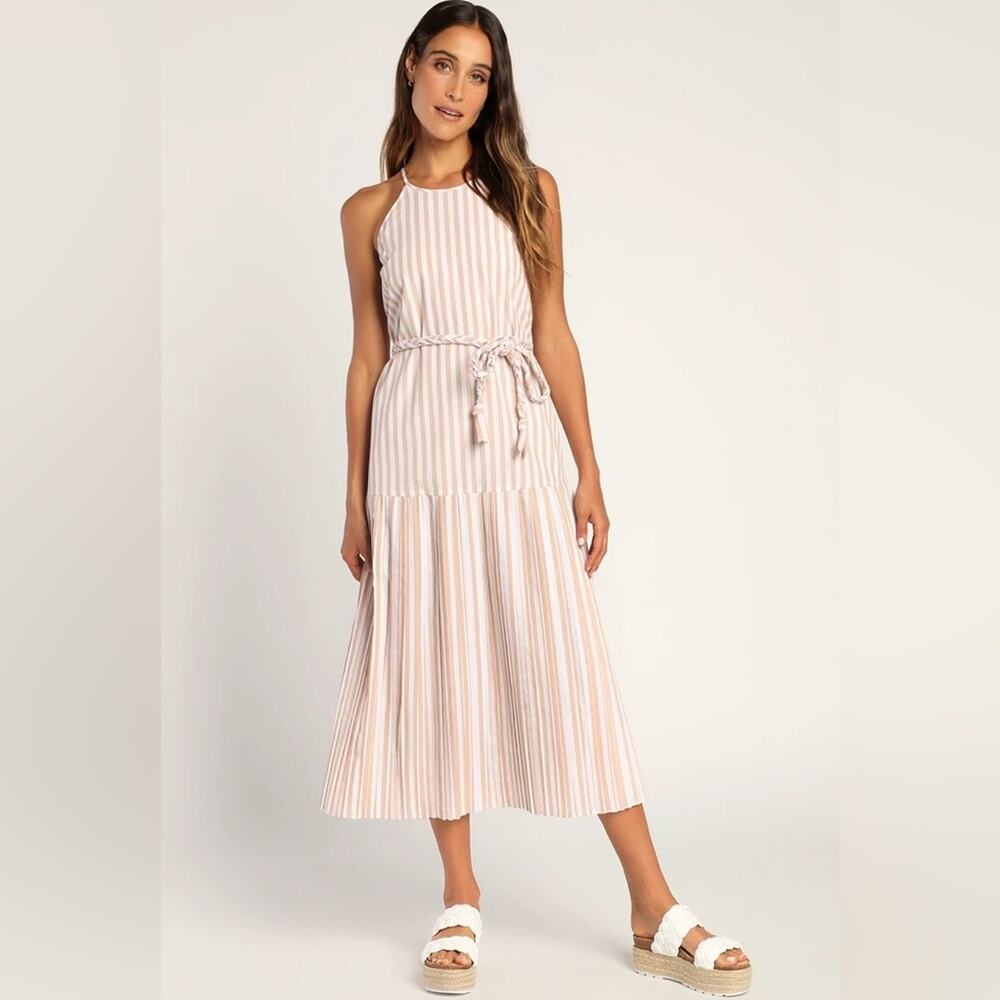 Lulus Beach Town Bound Ivory Striped Pleated Drop Waist Midi Dress Sz S